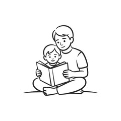 A father and son are sitting together, happily reading a book, illustrated in a charming line art style