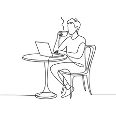 A minimalist continuous line art drawing illustrates a person using a laptop and sipping a hot drink at a cafe table