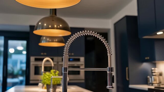 Elegant modern kitchen interior design with a prominent gooseneck faucet, warm ambient lighting, and dark cabinetry, embodying contemporary home style