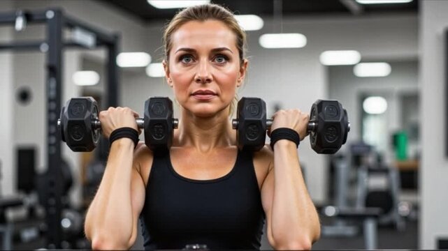 Woman exercising with free weights in modern gym setting  