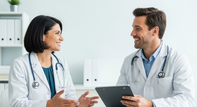 Two smiling doctors, a man and a woman, wearing white lab coats and stethoscopes, are having a consultation in a bright office. They are discussing patient care and health records. - Powered by Adobe