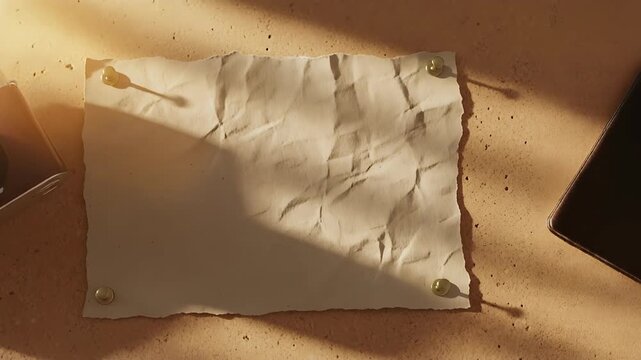 Crumpled piece of aged paper taped to a textured wall, illuminated by warm sunlight, casting soft shadows and inviting a personal message or creative text