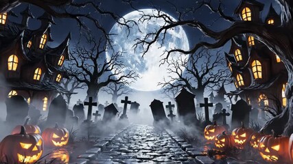 Spooky halloween night scene with illuminated carved pumpkins, barren twisted trees, and foggy graveyard under a full moon - Powered by Adobe