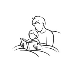 A line art illustration depicts a parent and child engrossed in reading a storybook, highlighting the importance of family connection and learning