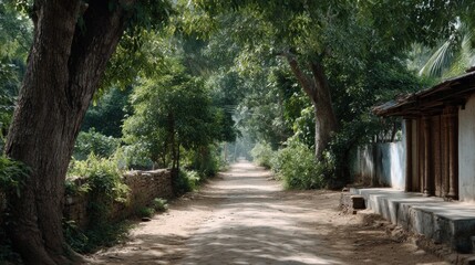 An Indian village road, lined with trees and plants on both sides. The scene captures the serene beauty of rural life in India, taken during midday with natural lighting.