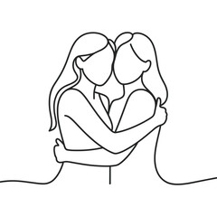 Continuous line art illustration depicting two women embracing in a loving hug