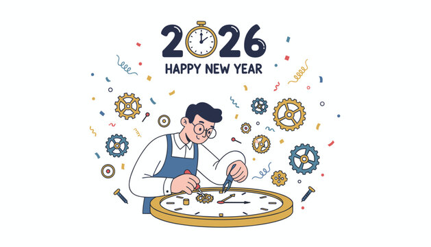 A clockmaker fixes time for 2026 representing New Year planning precision and business goals