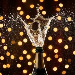 Popping Champagne Bottle with Golden Bubbles, New Year&rsquo;s Eve Celebration 2026, Festive Party Concept