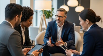 Close-up of a diverse group of business professionals in formal wear meeting, discussing ideas and sharing data on digital tablets in a modern corporate setting.