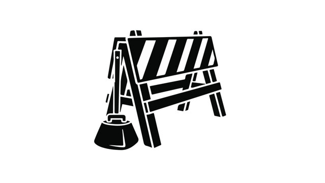 Black and white illustration of road barricade with traffic cone on isolated background for construction or warning concept