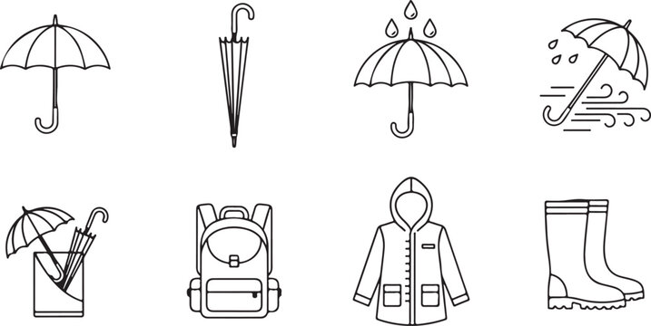 Collection of black and white outline icons for rainy weather