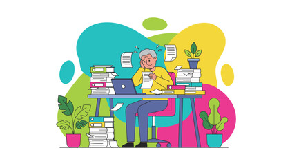 Overwhelmed man stressed by huge paperwork piles and business workload