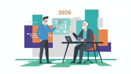 Future business strategy and financial planning for 2026 Data analysis meeting illustration