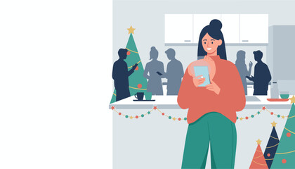 Happy woman checking phone at a festive Christmas or office party
