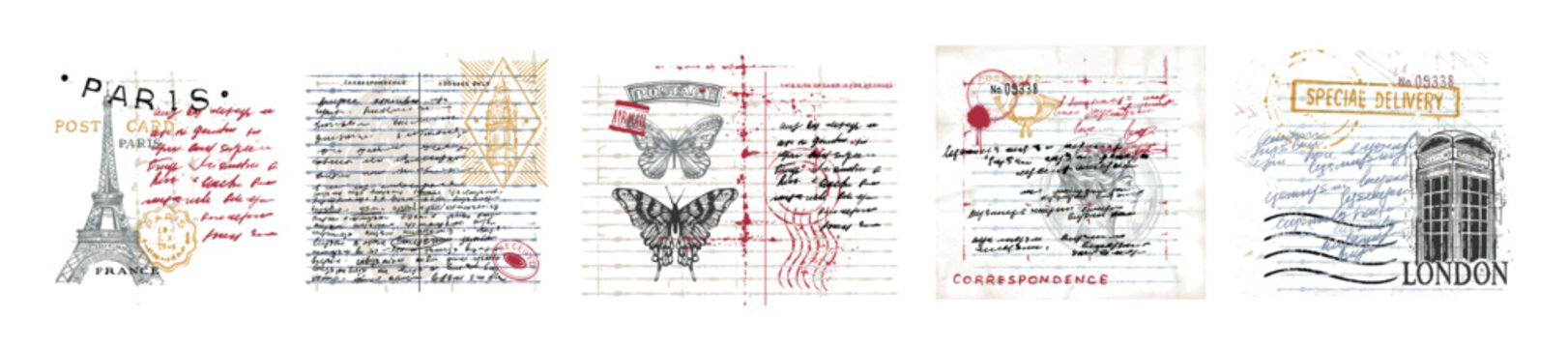 Vintage paper overlay print, retro collage postcard texture, handwritten letter sheet postal print. Antique mail scrapbook design elements, calligraphy engraving travel note page. Vintage paper text