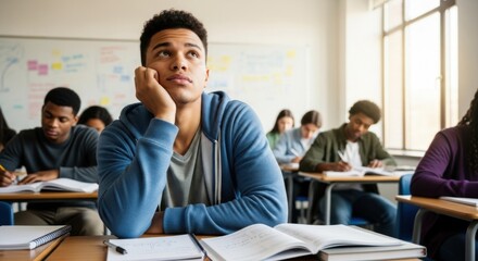 Pensive male student sitting at desk in classroom looking up. Bored african american teenage boy daydreaming during lesson at high school. Education and distraction concept.