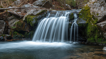 Tranquil waterfall over mossy rocks in a serene forest scene with flowing water
