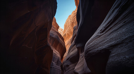 A dramatic view through a narrow canyon wall where sunlight reveals sculpted rock formations
