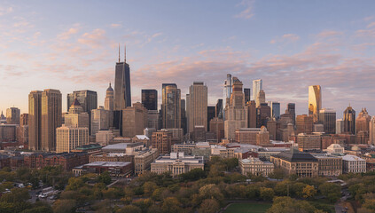Naklejka premium Beautiful urban landscape with towering glass skyscrapers, residential buildings, and city streets