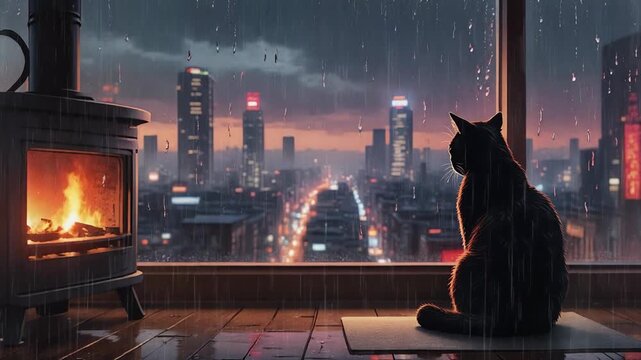 Cozy Cat Gazes at Rainy Cityscape from Warm Apartment.