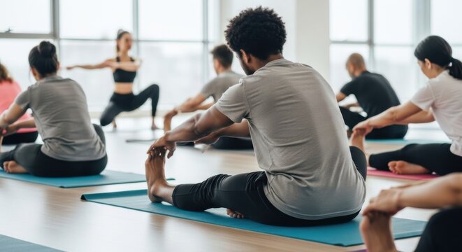 Diverse group performs seated forward bends in a bright studio, emphasizing flexibility and mindful fitness practice in a professional wellness environment. - Powered by Adobe