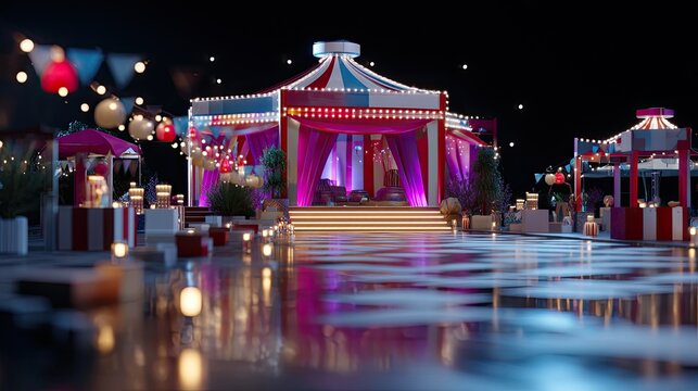 Vibrant Night Carnival Scene with Colorful Tents, Bright Lights, and Festive Atmosphere Ideal for Events and Celebrations
