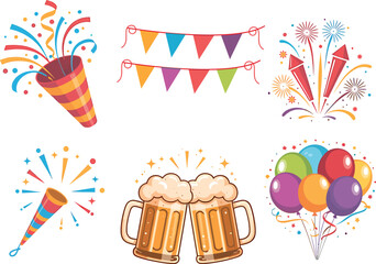Colorful Party Celebration Elements Vector Set with Fireworks, Banners, Balloons and Confetti