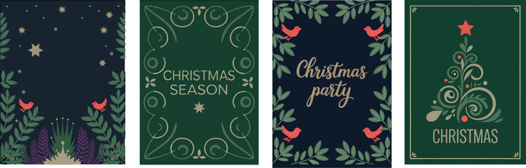 &ldquo;Set of Decorative Christmas Greeting Card Templates with Floral and Bird Illustrations&rdquo;