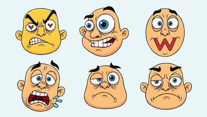Six Cartoon Faces Expressing Different Emotions and Expressions.