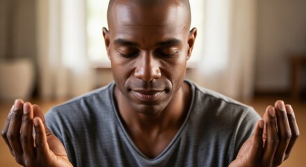 Focused african american man meditating indoors with eyes closed. Serene black male practicing yoga and mindfulness meditation for spiritual health, inner peace and relaxation.
