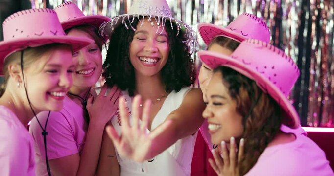 Women, bride and ring with party, celebration and get together for bachelorette event. Excited, friends and smile with love, support and happy for wedding and future commitment with engagement pride