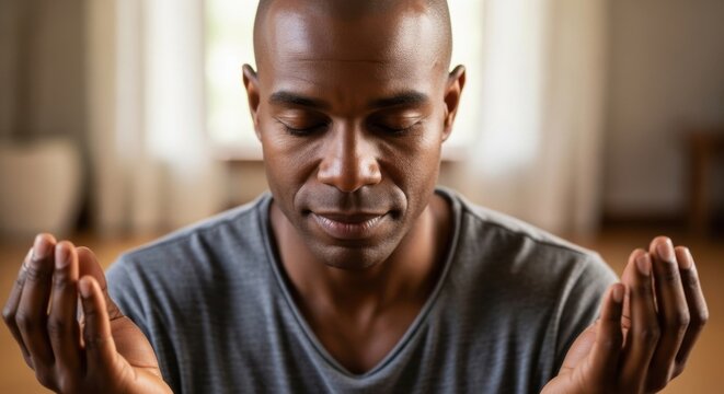 Focused african american man meditating indoors with eyes closed. Serene black male practicing yoga and mindfulness meditation for spiritual health, inner peace and relaxation. - Powered by Adobe