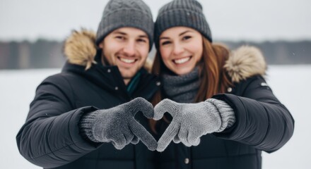 Fototapeta premium Happy couple in winter clothes making heart shape with gloved hands. Smiling man and woman enjoying snowy day outdoors together. Love, relationship and cold season concept.