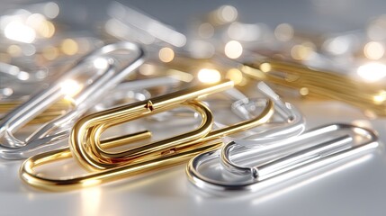 Shiny Metallic Paper Clips in Various Colors on a Reflective Surface with a Soft Focus Background