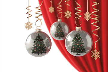 Three reflective silver Christmas baubles featuring etched trees hang in front of a rich red curtain creating an elegant holiday backdrop.