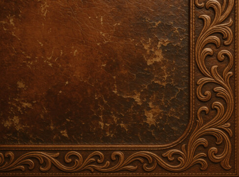Worn brown leather with embossed scroll border &ndash; vintage floral frame texture mockup