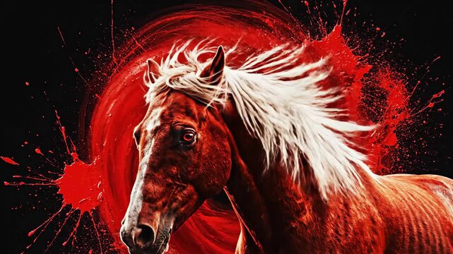 Majestic horse with red splatter against black background