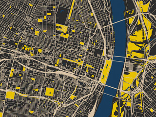Flat city map of St. Louis Center, Missouri in charcoal base with cream streets