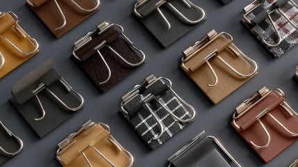 Assorted binder clips in various colors and textures arranged on a flat surface for office or craft use