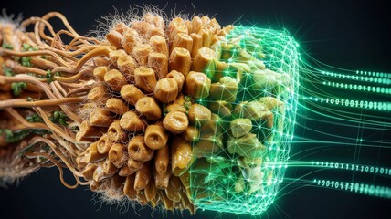 Microscopic organic cell transforming into digital data wireframe