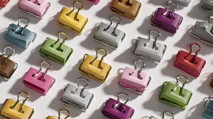 Obraz premium Colorful Collection of Vintage Binder Clips in Various Shapes and Sizes Arranged Neatly for Creative Backgrounds