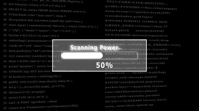 Glowing progress bar shows 100% percent of Scanning Power of computer code programming Background. 4k video