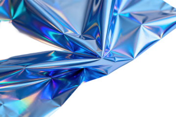 Shiny and iridescent blue holographic material with folded patterns