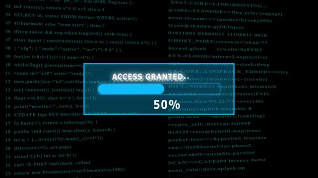 Glowing progress bar shows 100% percent of Access Granted of computer code programming Background. 4k vedio