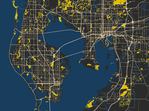 Minimalist map of Tampa Bay, Florida, noir yellow color palette
