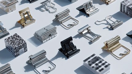 Assorted Binder Clips in Various Designs and Styles for Organizational Use and Office Supplies