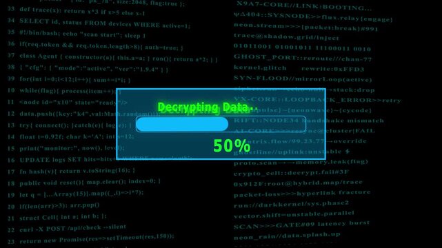 Futuristic cyber Decrypting Data, interface with digital loading bar, hacking screen elements, floating code, secure system login animation 