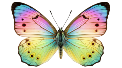 A colorful butterfly with vibrant wings, showcasing delicate patterns. The butterfly is a symbol of transformation and beauty Isolated on a transparent background.