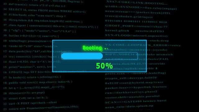 Futuristic cyber Booting, interface with digital loading bar, hacking screen elements, floating code, secure system login animation technology background