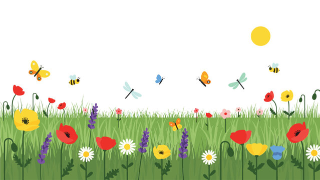 Colorful illustration of a vibrant meadow with flowers, butterflies, and insects on a sunny day with a